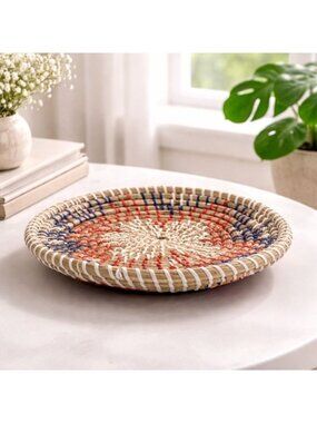 Handwoven Natural Grass Decorative Basket Tray With Red Blue & White Accents 10"